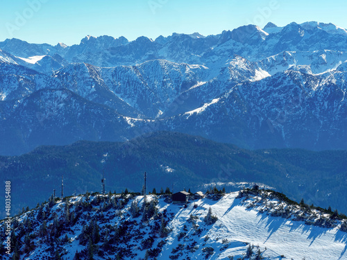 Winter landscape panorama view across the Bavarian Mountains at the Herzogstand area