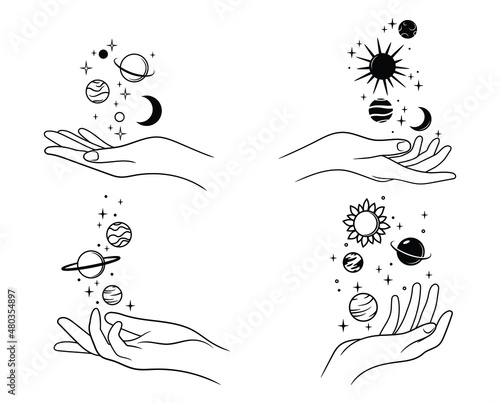 Set of hands with planets. Collection of hands in space. Solar system. Cosmic bodies. Celestial talisman with woman hands. Vector illustration isolated on white background.