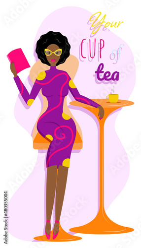 black woman read book girl chair reading books dress bright table glass cup coffee tea sign hobby pastime happy