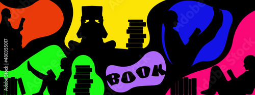 girl reads lying down library reading books bookworm bright background horizontal banner