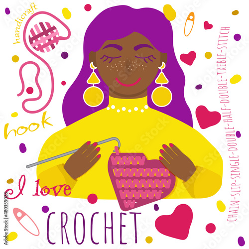 I love crochet sign girl knit handmade yellow smile hook treads purple black woman hobby pastime happy