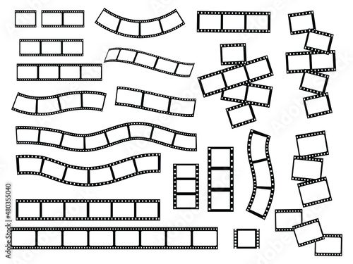 Set of various film strips. A collection of silhouettes of photographic film for the development of frames. Vector illustration of blank cinema film strip isolated on white background.