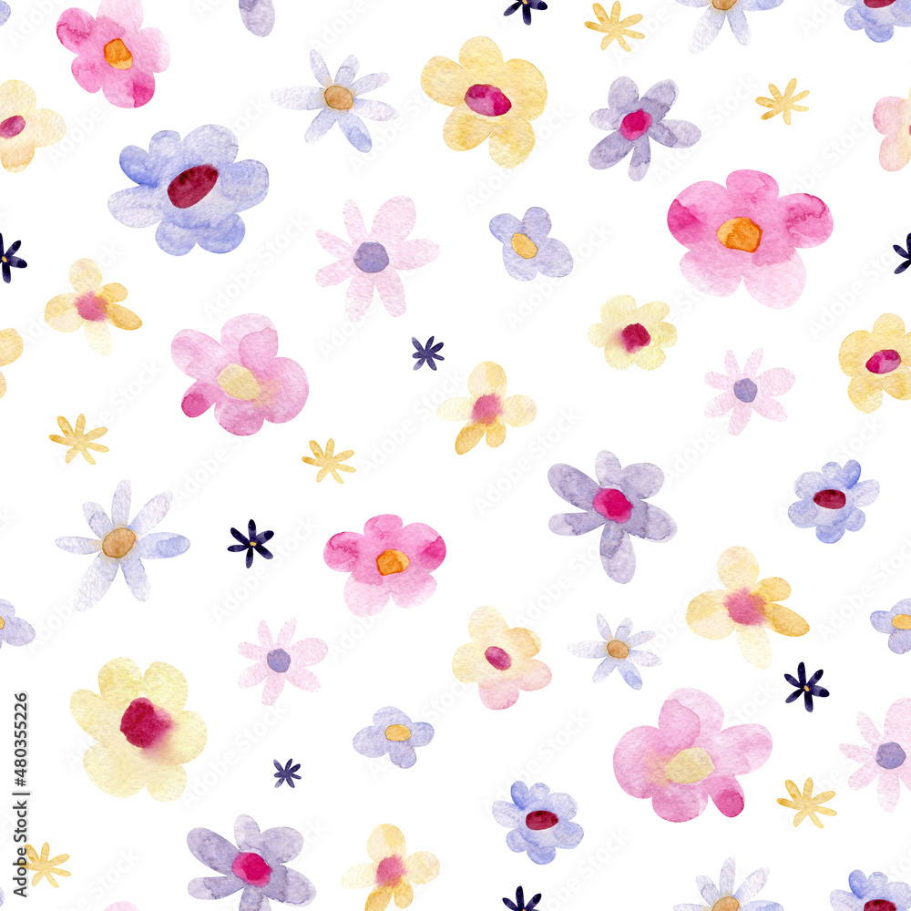 Watercolor seamless pattern with cute flowers doodle style. Perfect for fabric, textile, apparel or wrapping paper. Cute seamless pattern for you design. Great for nursery fabric, textile.