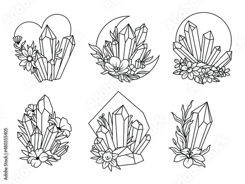 Set of crystals with flowers. Collection of precious magical crystals with geometric figure. Witchy. Mystical nature. Vector illustration of boho rocks on white background. 