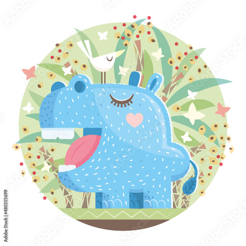 Illustration vecteur hippopotame et oiseau dans la savane Africaine, chant et sourire, bonheur et amitié, style jeunesse et enfantin, décor dans un cercle avec des feuillages colorés