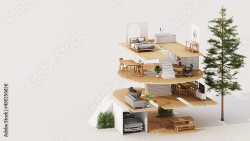 Fototapeta Naklejka Na Ścianę i Meble -  Isometric home office in HOME alphabet shape, concept of work from home, goal of life, Work Life Balance with furniture used in daily life. in white and wood tones, 3D rendering and illustration.
