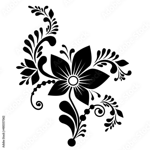 Decorative composition of flowers, leaves, elements of berries and swirls in black on a white isolated background. Black floral stencil for design.