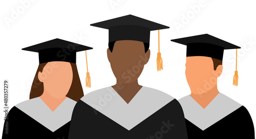 Graduates in mantles and graduation caps stand behind each other. Graduation ceremony. Vector illustration