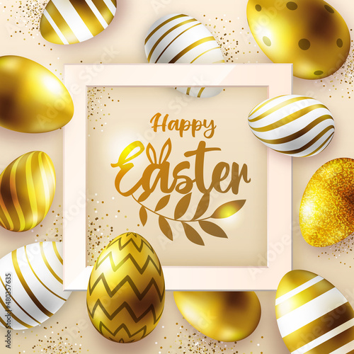 Holiday Easter background with golden easter eggs. Top view. Greeting card or poster. Vector illustration