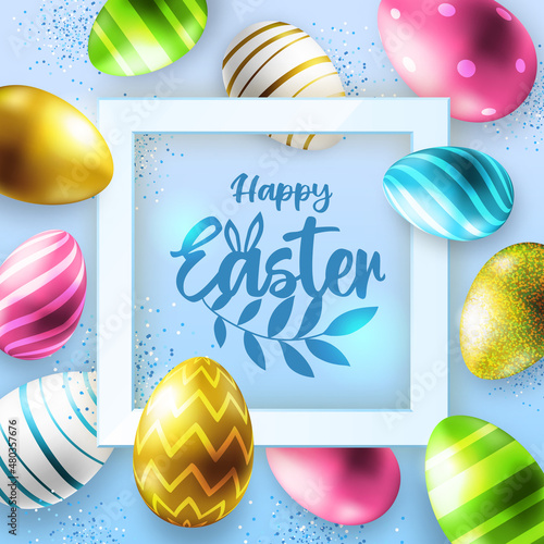 Holiday Easter background with colorful easter eggs. Top view. Greeting card or poster. Vector illustration