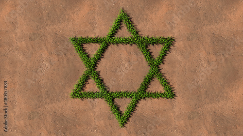 Photo Concept conceptual green summer lawn grass symbol shape on brown soil or earth background, sign of religious hebrew David star
