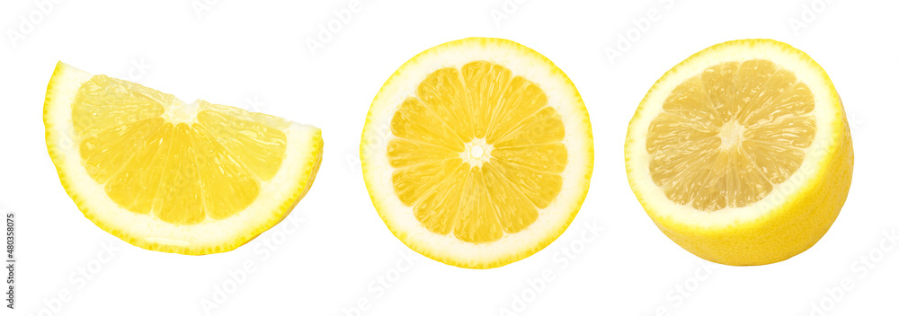 Lemon slices and halves isolated on white background, Juicy sliced lemon, collection..
