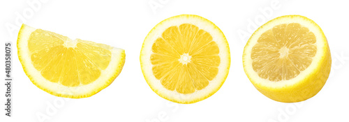 Lemon slices and halves isolated on white background, Juicy sliced lemon, collection..