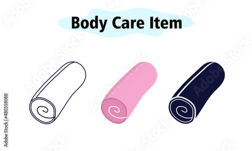 Textile towel rolled up. Bathroom items. Body care. Vector illustration in color, solid and linear design on a white background.