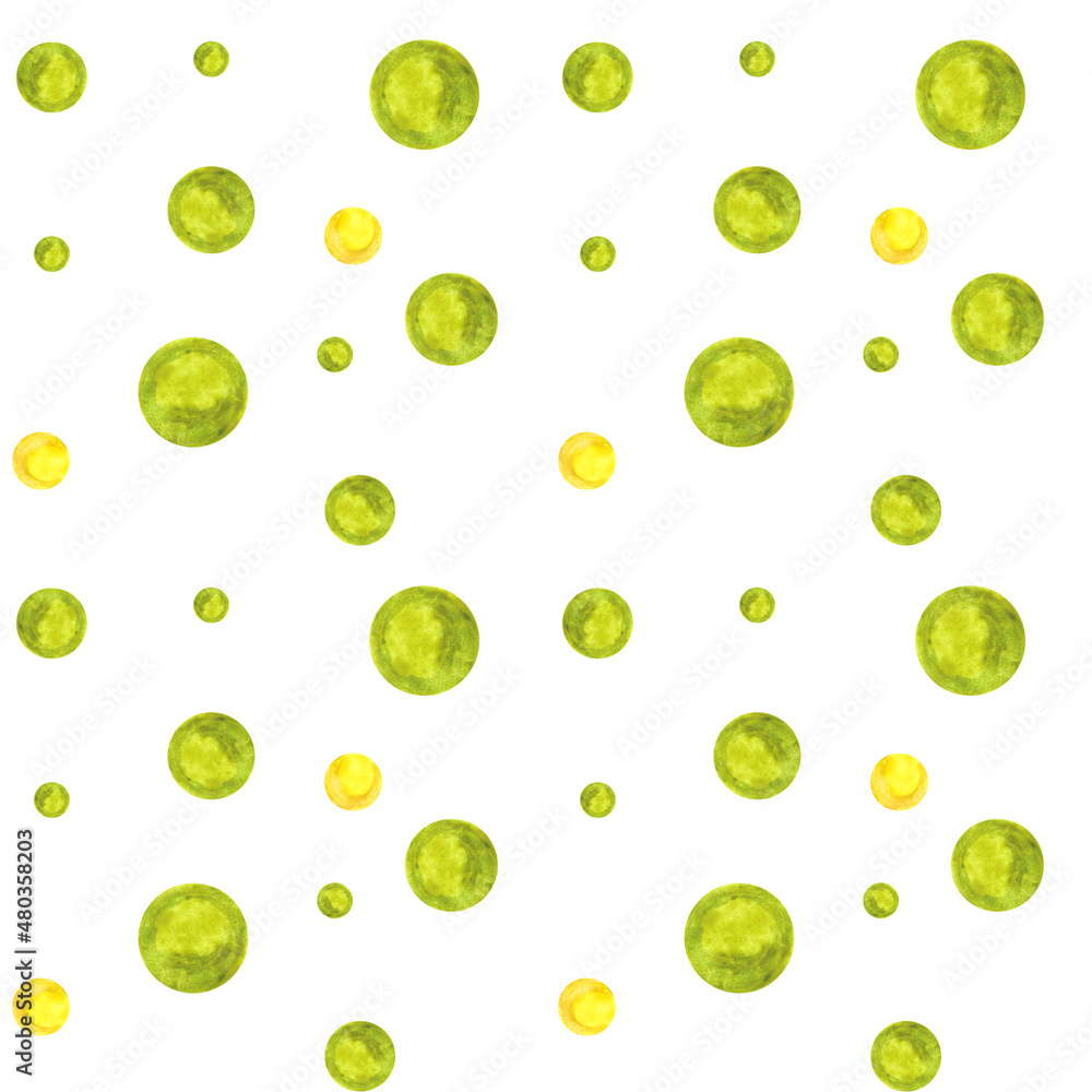 Watercolor seamless polka dot pattern on a white isolated background. Green and yellow dots.