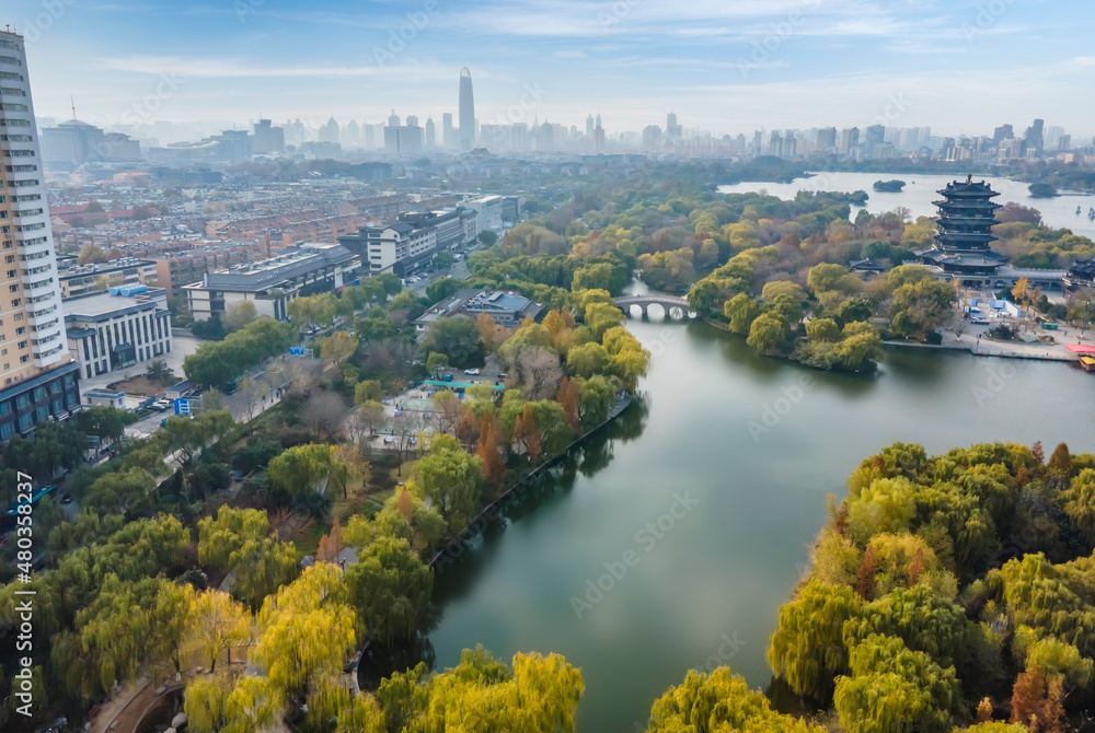 Obraz premium Aerial photography of modern urban landscape of Jinan, China