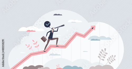 Sales forecasting and financial company profit prediction tiny person concept. Business development calculation and performance statistic measurement vector illustration. Growth graph and income data.