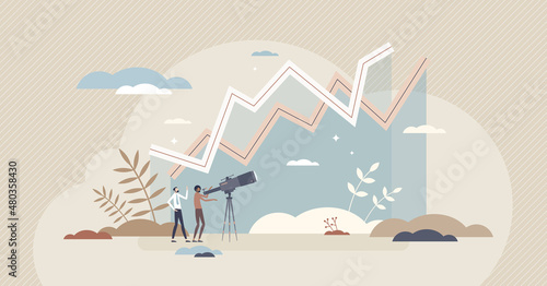 Sales forecasting and various financial profit predictions tiny person concept. Business development calculation and performance statistic measurement vector illustration. Growth graph and income data