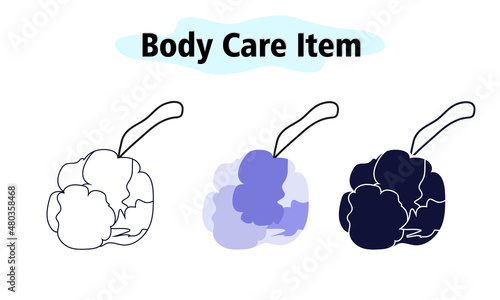 A washcloth for washing the body in the shower. A rag washcloth of blue color. Body care. Vector illustration in color, solid and linear design on a white background.