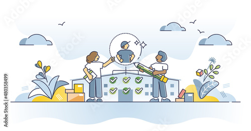 Supplier relationship management or SRM to analyze vendors outline concept. Procurement work with supplier partnership, storage, distribution or company strategy optimization vector illustration.