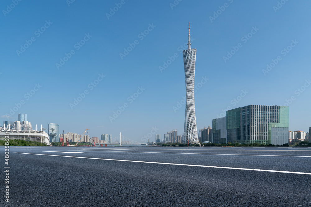 Road and Chinese modern city buildings background