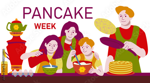 Нappy family cooks pancakes. Pancake day. Holiday banner. Illustration in a flat cartoon style on a white background. The Russian holiday of Maslenitsa.