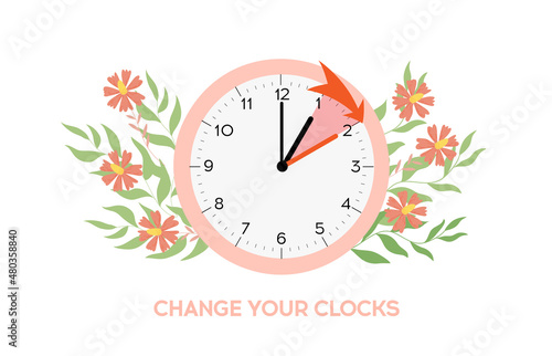 Daylight saving time starts. Spring forward on one hour ahead. Vector illustration with a clock moving the time one hour forward at spring