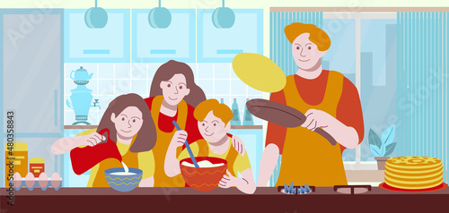 Happy family cooks pancakes in the cozy kitchen. Pancake Week.  Holiday banner. Russian Spring festival. broad Maslenitsa. Illustration in a flat cartoon style.