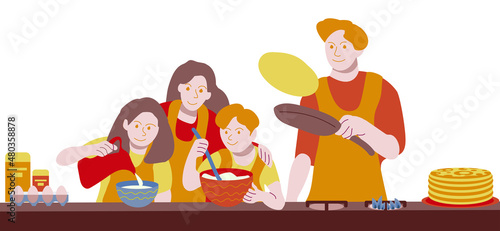 Нappy family cooks pancakes.  Holiday banner. Illustration in a flat cartoon style on a white background. The Russian holiday of Maslenitsa. Shrovetide Week.  Pancakes day