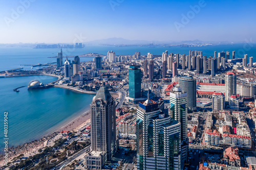 Aerial photography of modern city scenery of Qingdao  China
