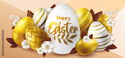 Holiday Easter background with golden easter eggs, leaves and flowers. Greeting card or poster. Vector illustration