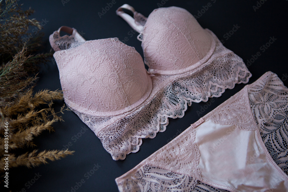 woman pink lace bra, panties lingerie near pampas grass on black
