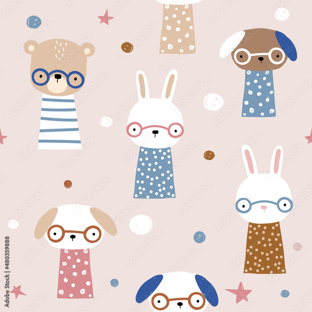 Seamless pattern with cute animal characters. Pastel kids print. Vector hand drawn illustration.