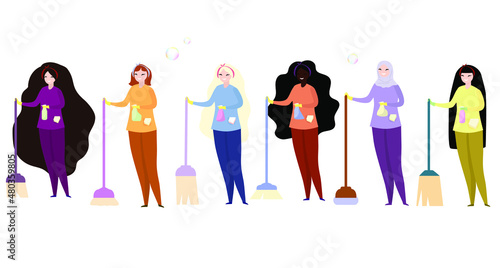 Women cleaners with brooms, mops, detergents. Vector illustration.