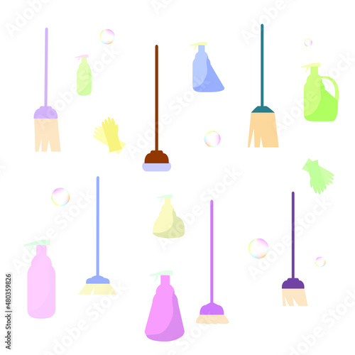 Mops, brooms, detergents, bottled cleaners, soap bubbles, rubber gloves. Vector illustration.