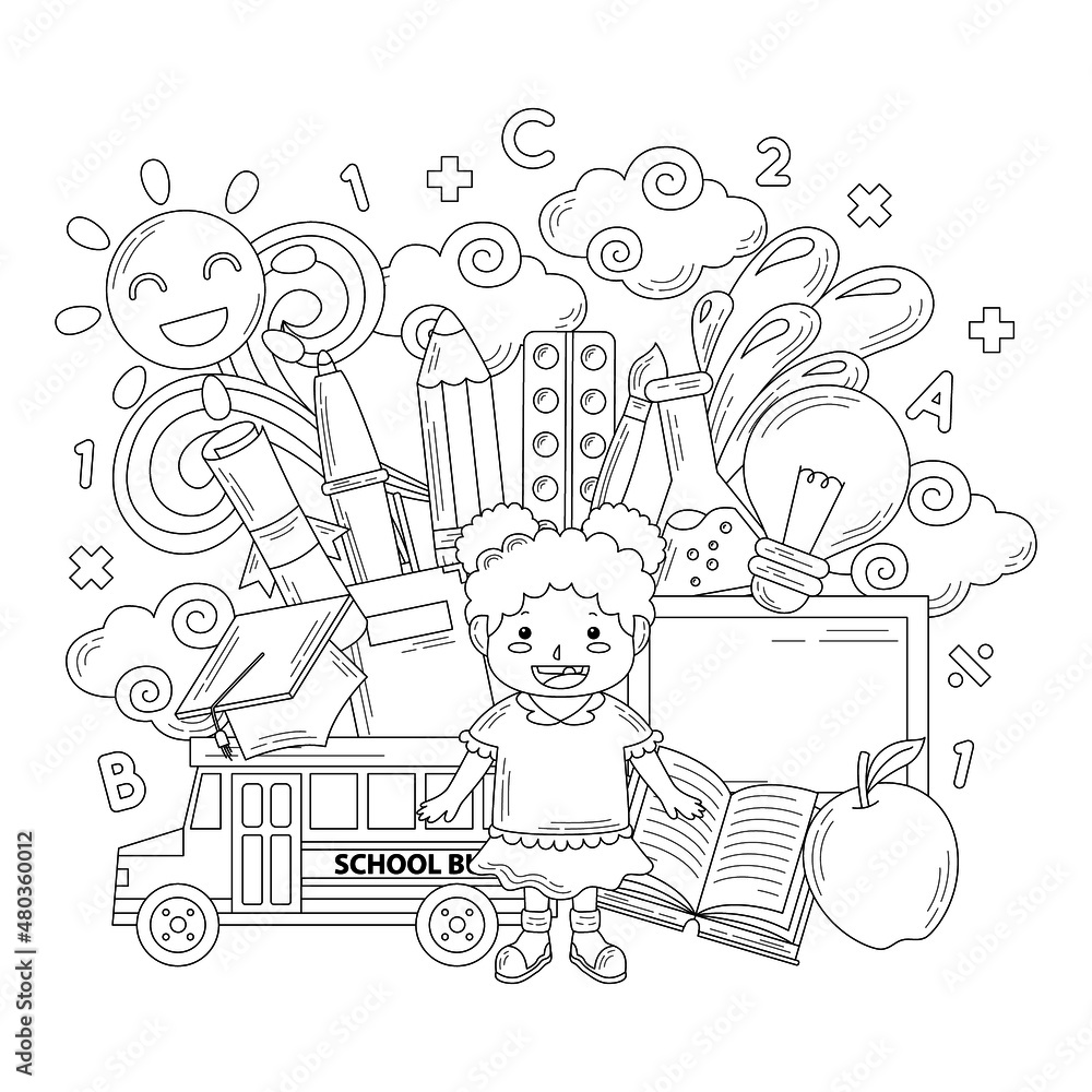 Fototapeta premium Back to school illustration in outline or doodle style