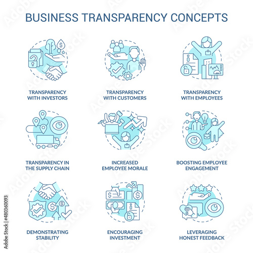 Business transparency turquoise concept icons set. Sharing information. Trustful company idea thin line color illustrations. Isolated outline drawings. Roboto-Medium, Myriad Pro-Bold fonts used
