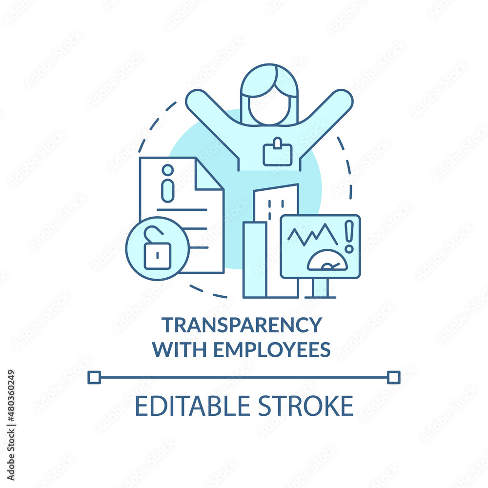 Transparency with employee turquoise concept icon. Motivation in workplace abstract idea thin line illustration. Isolated outline drawing. Editable stroke. Roboto-Medium, Myriad Pro-Bold fonts used