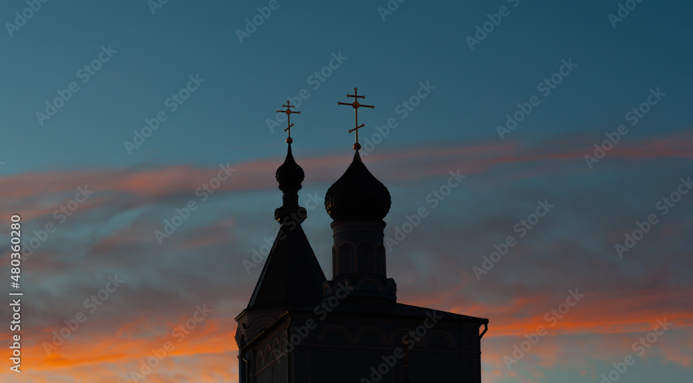 Church architecture. Christian church with two domes and crosses. Religion. Religion