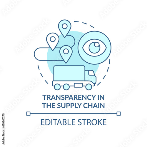 Transparency in supply chain turquoise concept icon. Logistics and tracking abstract idea thin line illustration. Isolated outline drawing. Editable stroke. Roboto-Medium, Myriad Pro-Bold fonts used