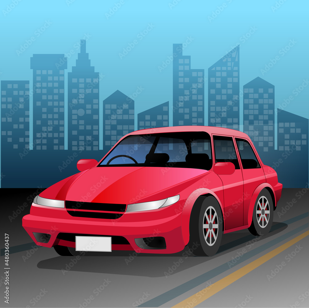 Vector illustration, red car on urban building background.