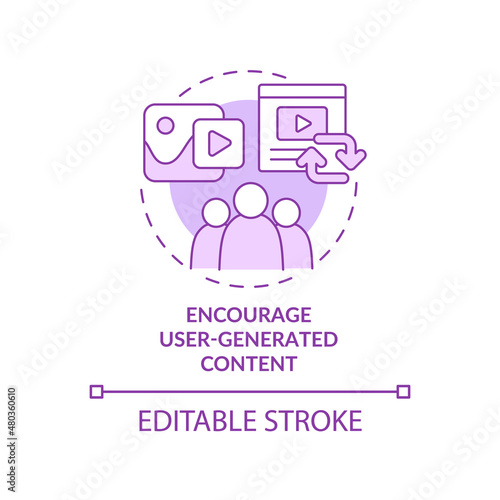 Encourage user-generated content purple concept icon. Real feedback abstract idea thin line illustration. Isolated outline drawing. Editable stroke. Roboto-Medium, Myriad Pro-Bold fonts used
