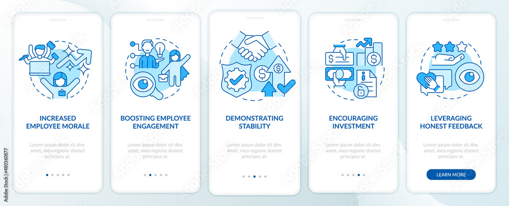 Benefits of transparency blue onboarding mobile app screen. Clarity walkthrough 5 steps graphic instructions pages with linear concepts. UI, UX, GUI template. Myriad Pro-Bold, Regular fonts used