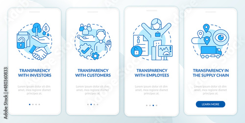 Examples of transparency blue onboarding mobile app screen. Corporate walkthrough 4 steps graphic instructions pages with linear concepts. UI, UX, GUI template. Myriad Pro-Bold, Regular fonts used