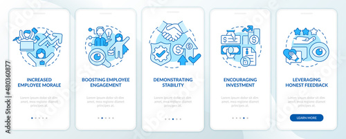 Benefits of transparency blue onboarding mobile app screen. Clarity walkthrough 5 steps graphic instructions pages with linear concepts. UI, UX, GUI template. Myriad Pro-Bold, Regular fonts used