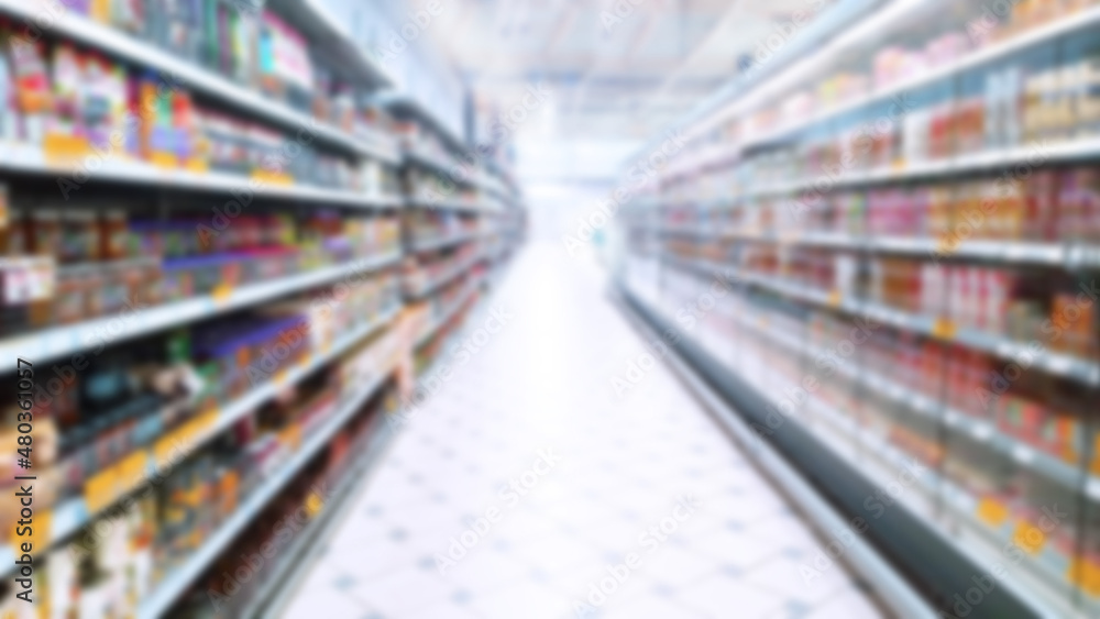 Abstract blur image of supermarket background. Defocused shelves with food and products. Grocery shopping. Store. Retail industry. Rack. Discount. Inflation and crisis concept. Supply Chain Issues.
