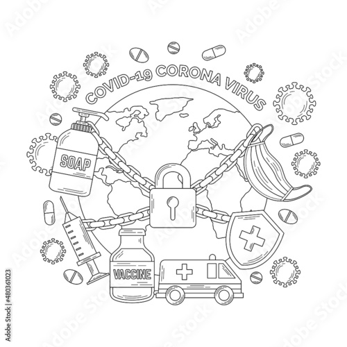 Covid -19 illustration in doodle or outline style