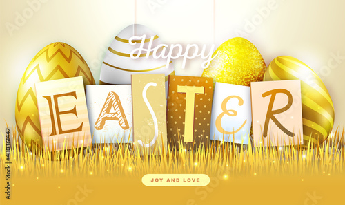 Holiday Easter background with golden easter eggs. Typography design. Greeting card or poster. Vector illustration