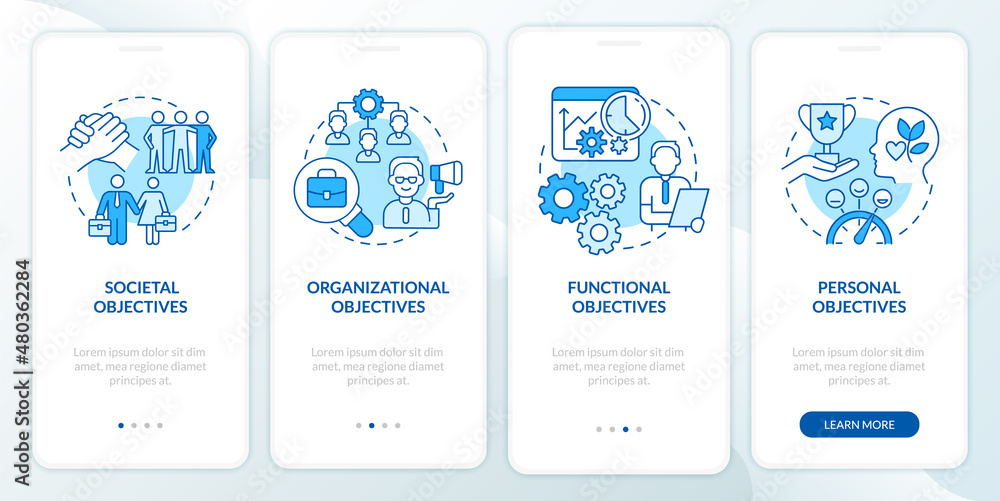 Objectives of hr management blue onboarding mobile app screen ...