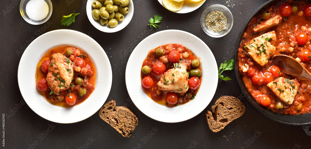 Cod stew with chickpeas, cherry tomatoes and olives Cod stew with chickpeas, cherry tomatoes and olives